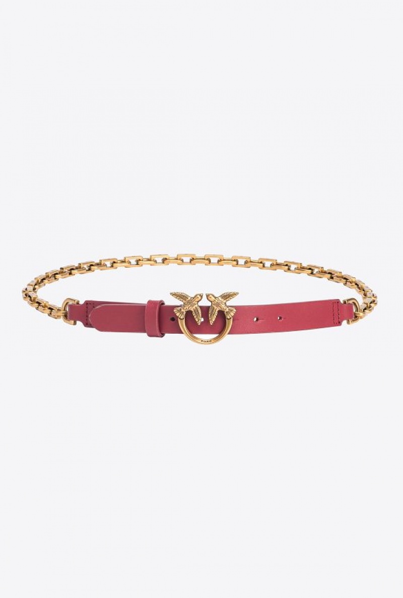 Pinko Thin Love Birds Belt With Chain 2cm DARK RED-ANTIQUE GOLD | SN-PKO34205