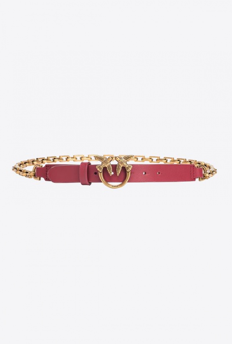 Pinko Thin Love Birds Belt With Chain 2cm DARK RED-ANTIQUE GOLD | SN-PKO34205