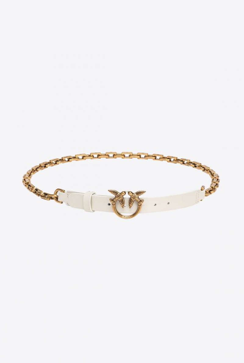 Pinko Thin Love Birds Belt With Chain 2cm WHITE+WHITE-ANTIQUE GOLD | SN-PKO34206