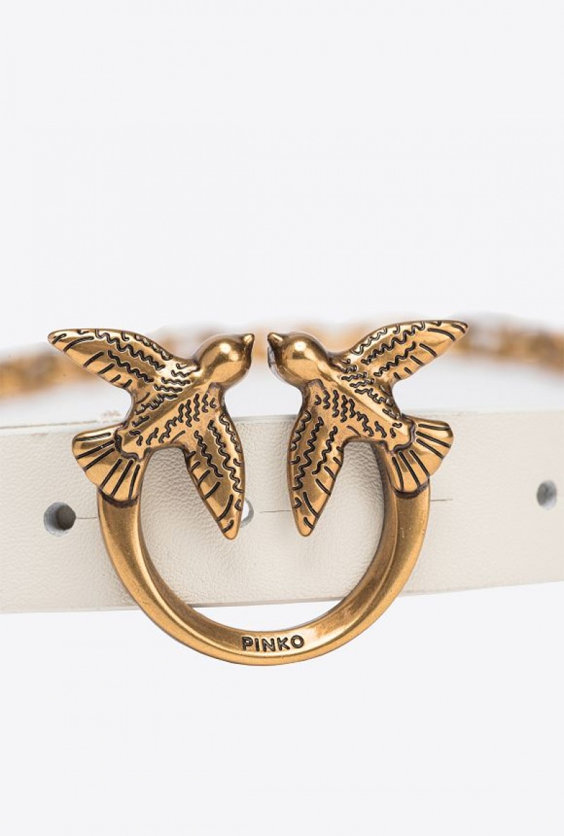 Pinko Thin Love Birds Belt With Chain 2cm WHITE+WHITE-ANTIQUE GOLD | SN-PKO34206