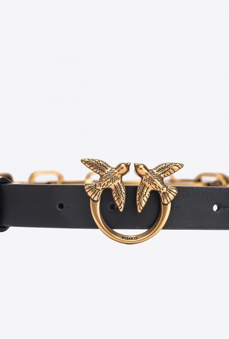 Pinko Thin Love Birds Belt With Chain BLACK-ANTIQUE GOLD | SN-PKO34184