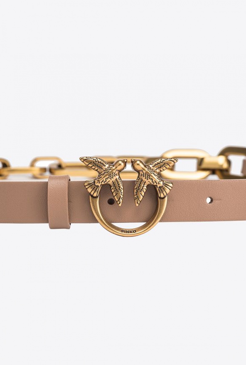 Pinko Thin Love Birds Belt With Chain GINGER BISCUIT-ANTIQUE GOLD | SN-PKO34208