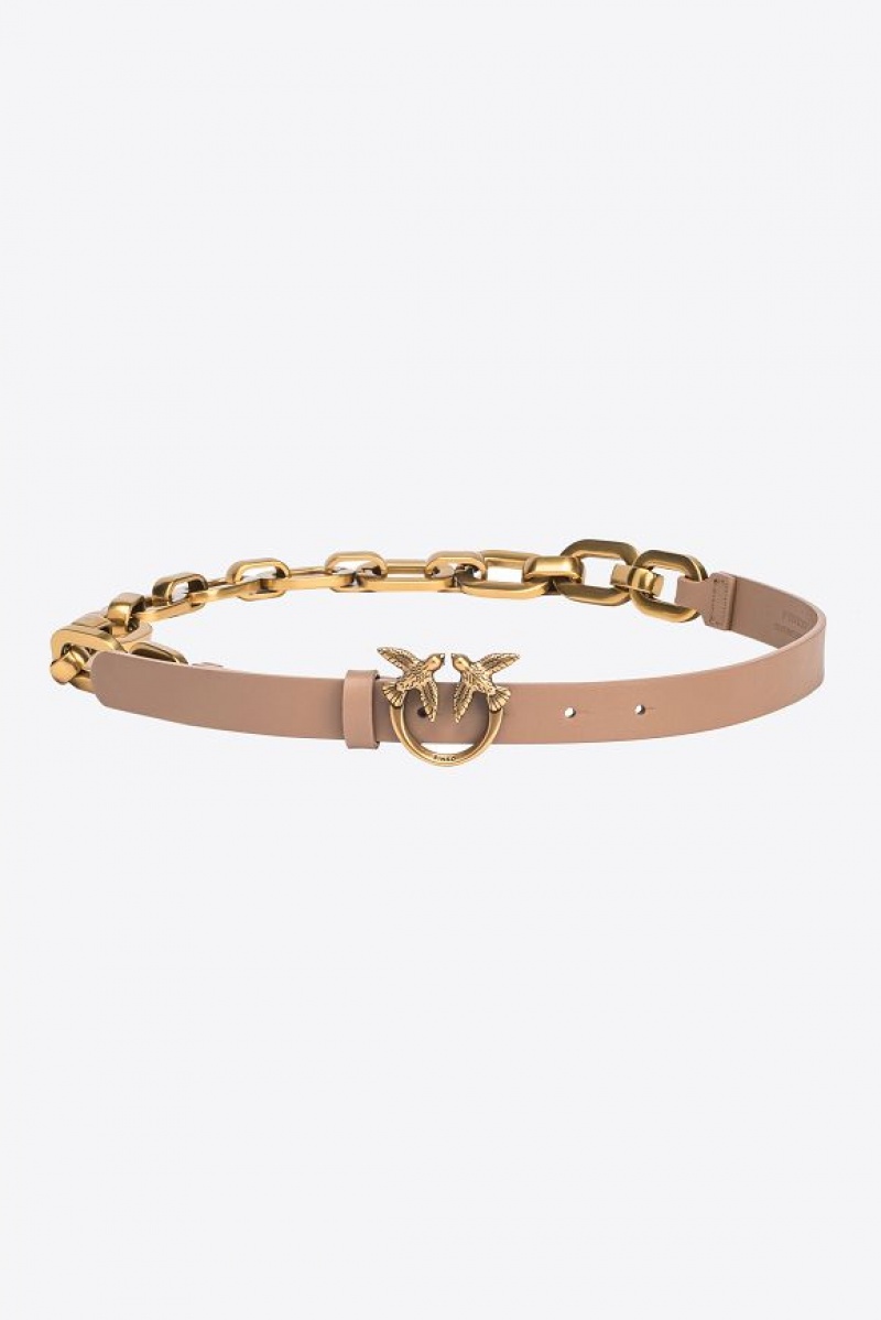 Pinko Thin Love Birds Belt With Chain GINGER BISCUIT-ANTIQUE GOLD | SN-PKO34208