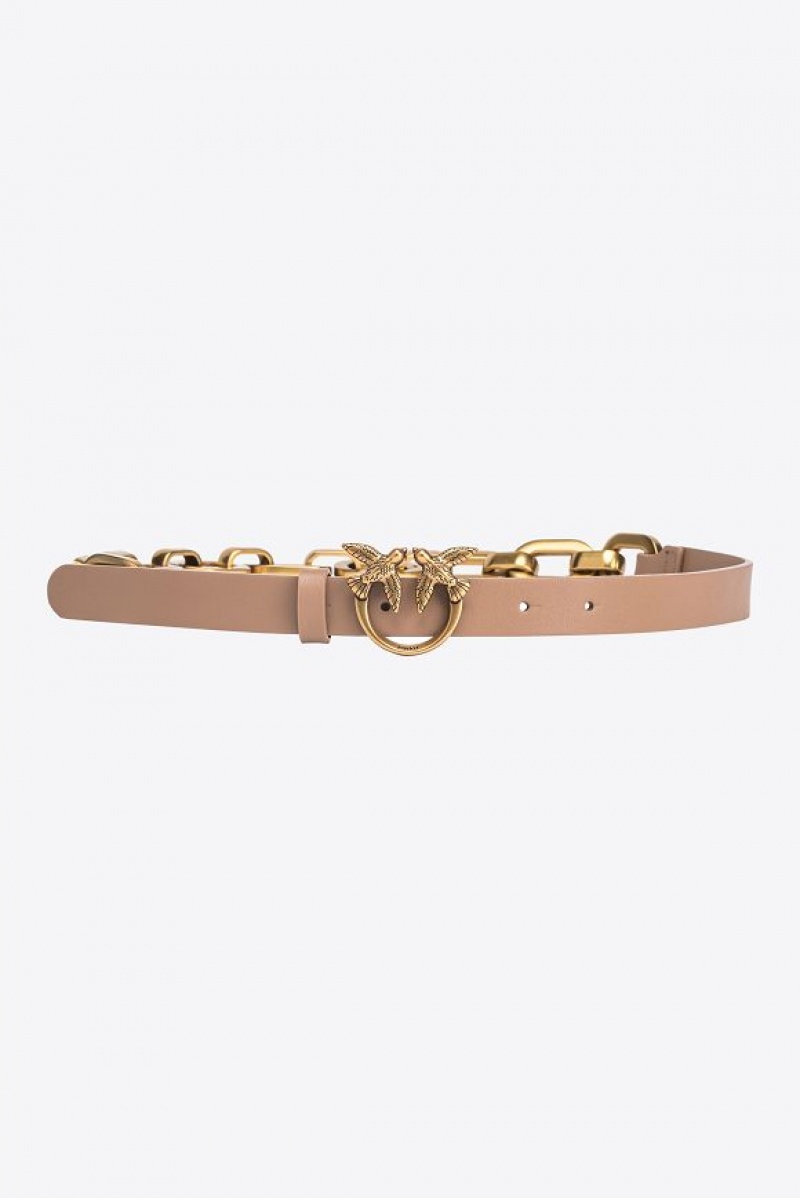 Pinko Thin Love Birds Belt With Chain GINGER BISCUIT-ANTIQUE GOLD | SN-PKO34208