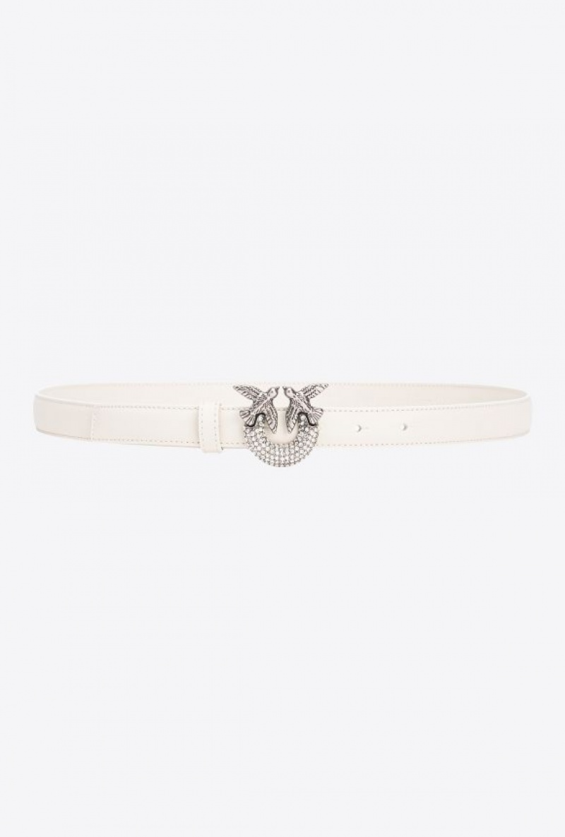 Pinko Thin Love Birds Belt With Rhinestones 2cm WHITE+WHITE-OLD SILVER | SN-PKO34248