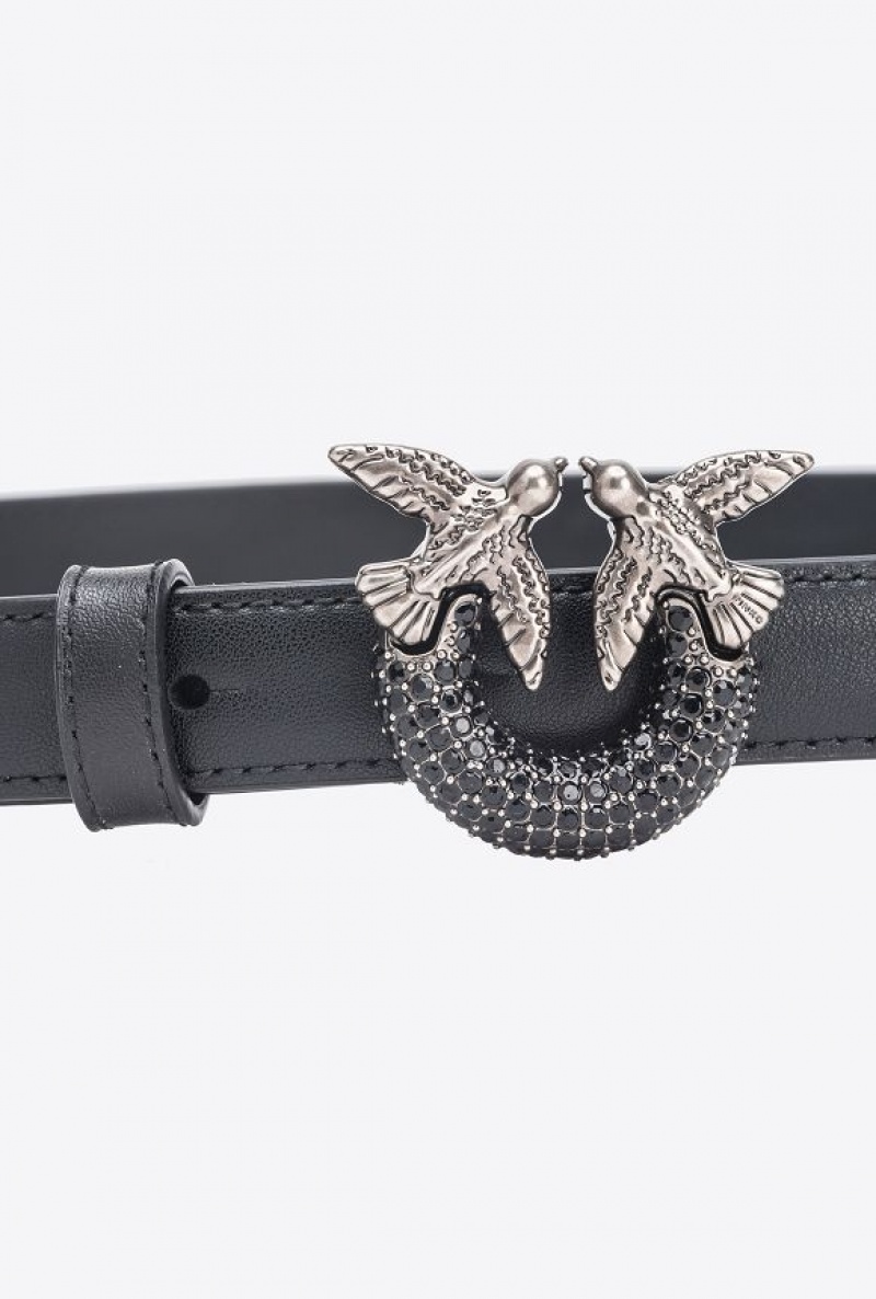 Pinko Thin Love Birds Belt With Rhinestones 2cm BLACK-OLD SILVER | SN-PKO34249