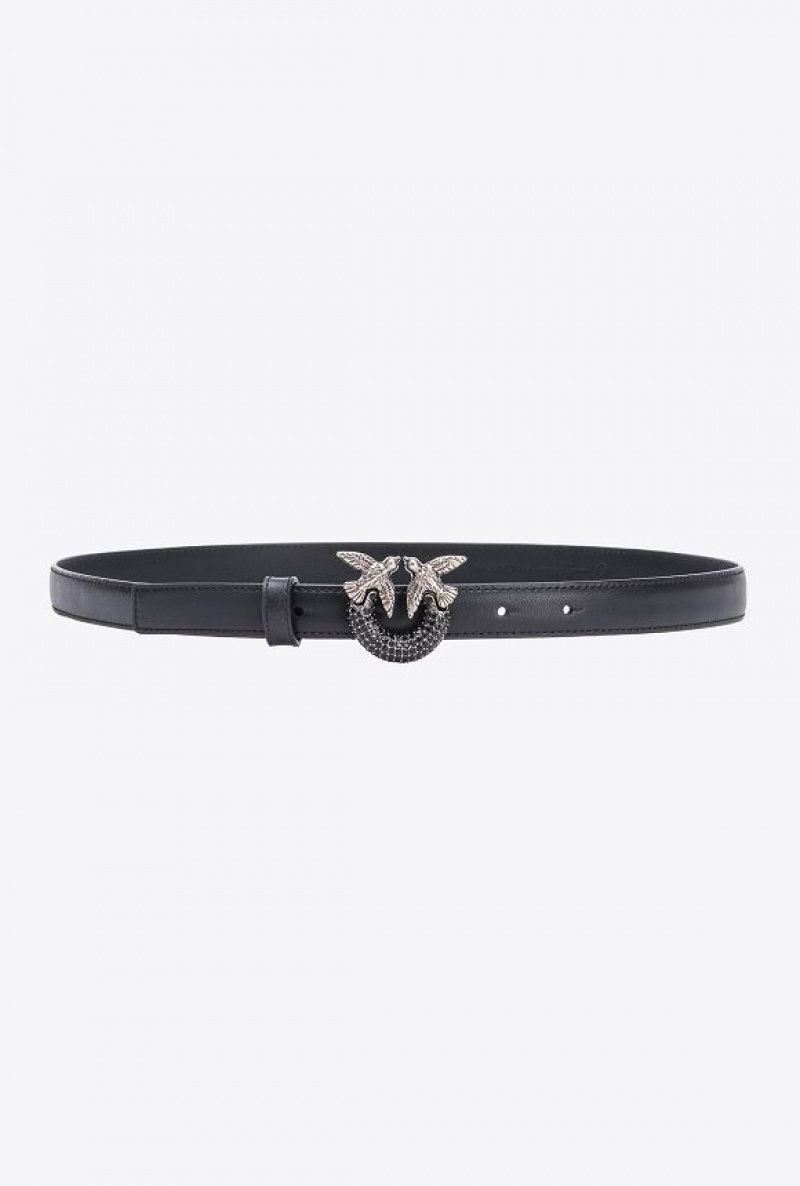 Pinko Thin Love Birds Belt With Rhinestones 2cm BLACK-OLD SILVER | SN-PKO34249