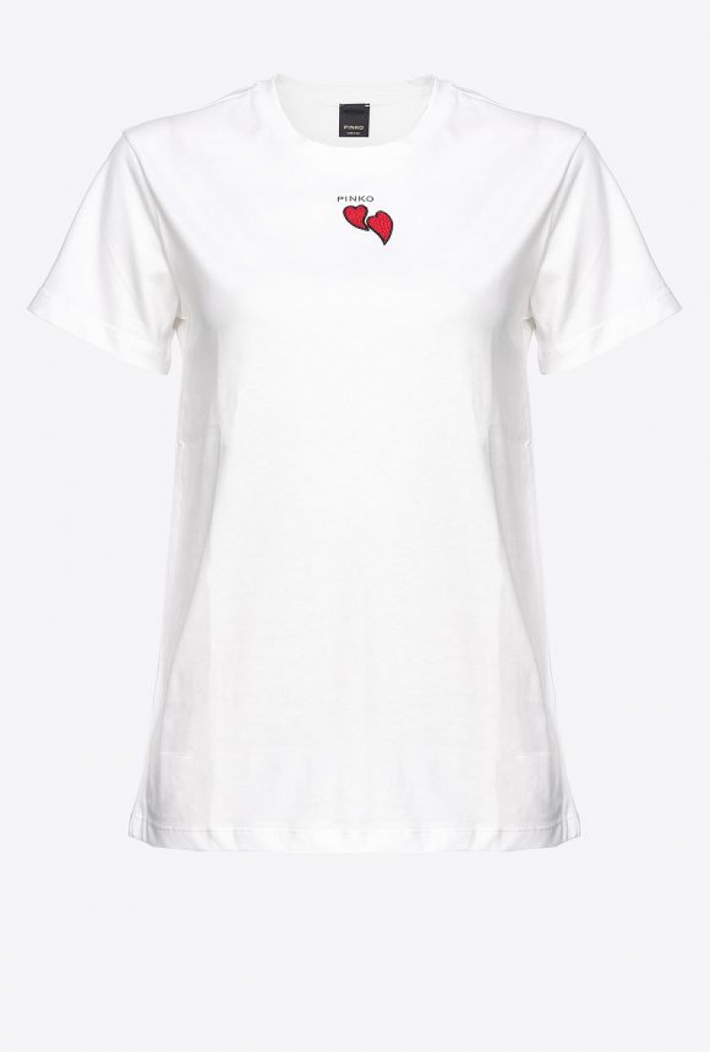 Pinko T-shirt With Heart Embroidery SILK WHITE | SN-PKO33235