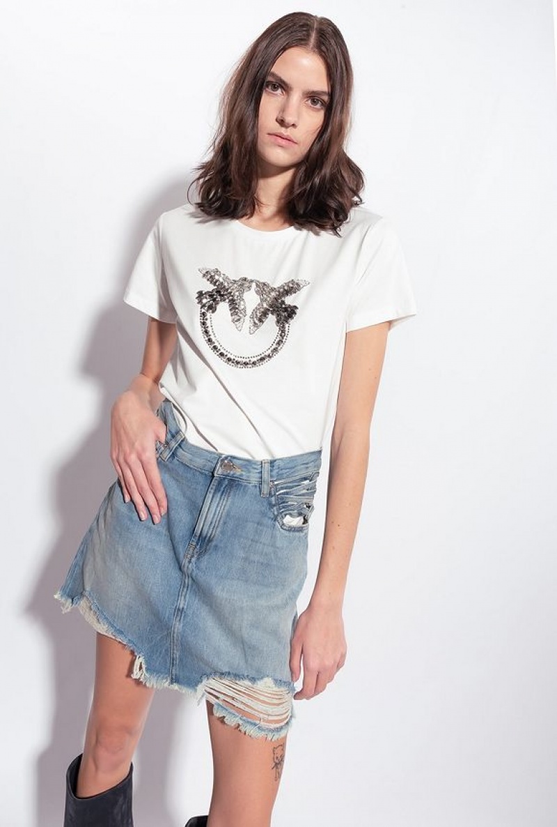 Pinko T-shirt With Love Birds Embroidery CLOUD WHITE | SN-PKO33261