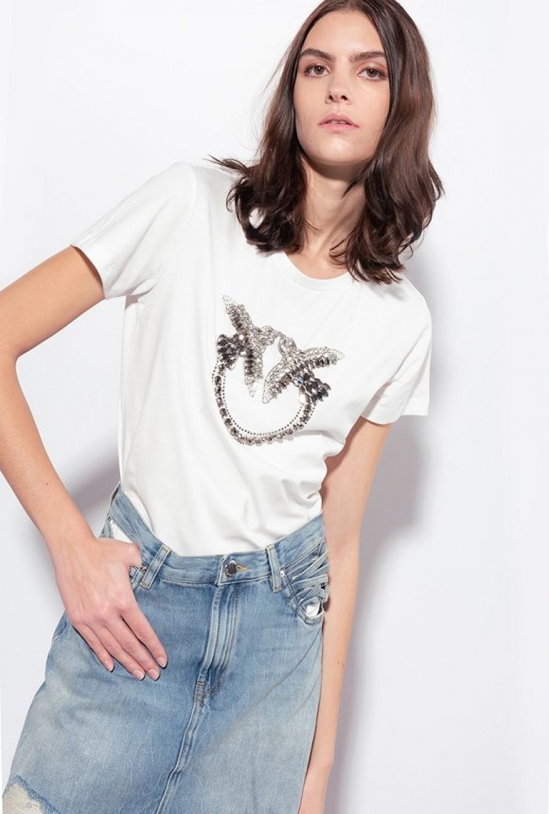 Pinko T-shirt With Love Birds Embroidery CLOUD WHITE | SN-PKO33261