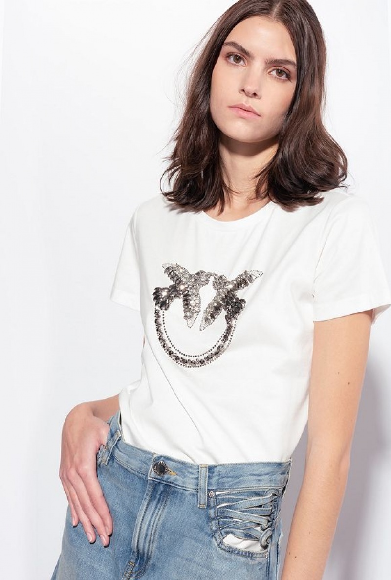 Pinko T-shirt With Love Birds Embroidery CLOUD WHITE | SN-PKO33261