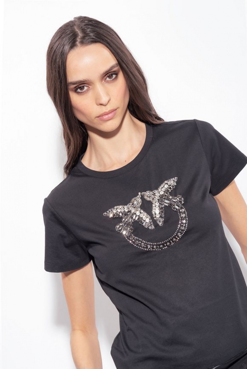 Pinko T-shirt With Love Birds Embroidery LIMO BLACK | SN-PKO33262