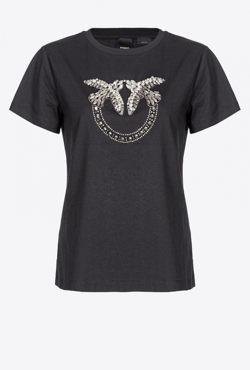 Pinko T-shirt With Love Birds Embroidery LIMO BLACK | SN-PKO33262