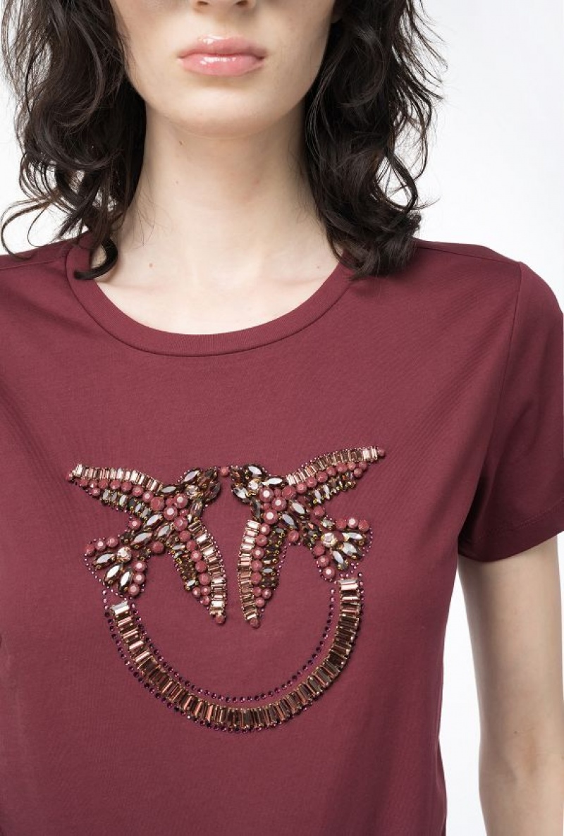 Pinko T-shirt With Love Birds Embroidery BURGUNDY-PORT ROYALE | SN-PKO33283