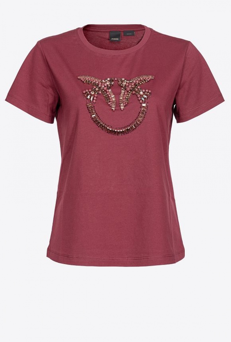 Pinko T-shirt With Love Birds Embroidery BURGUNDY-PORT ROYALE | SN-PKO33283