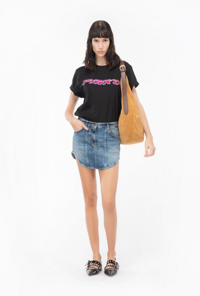 Pinko T-shirt With Rhinestoned Pinko Print BLACK/FUCHSIA | SN-PKO33237