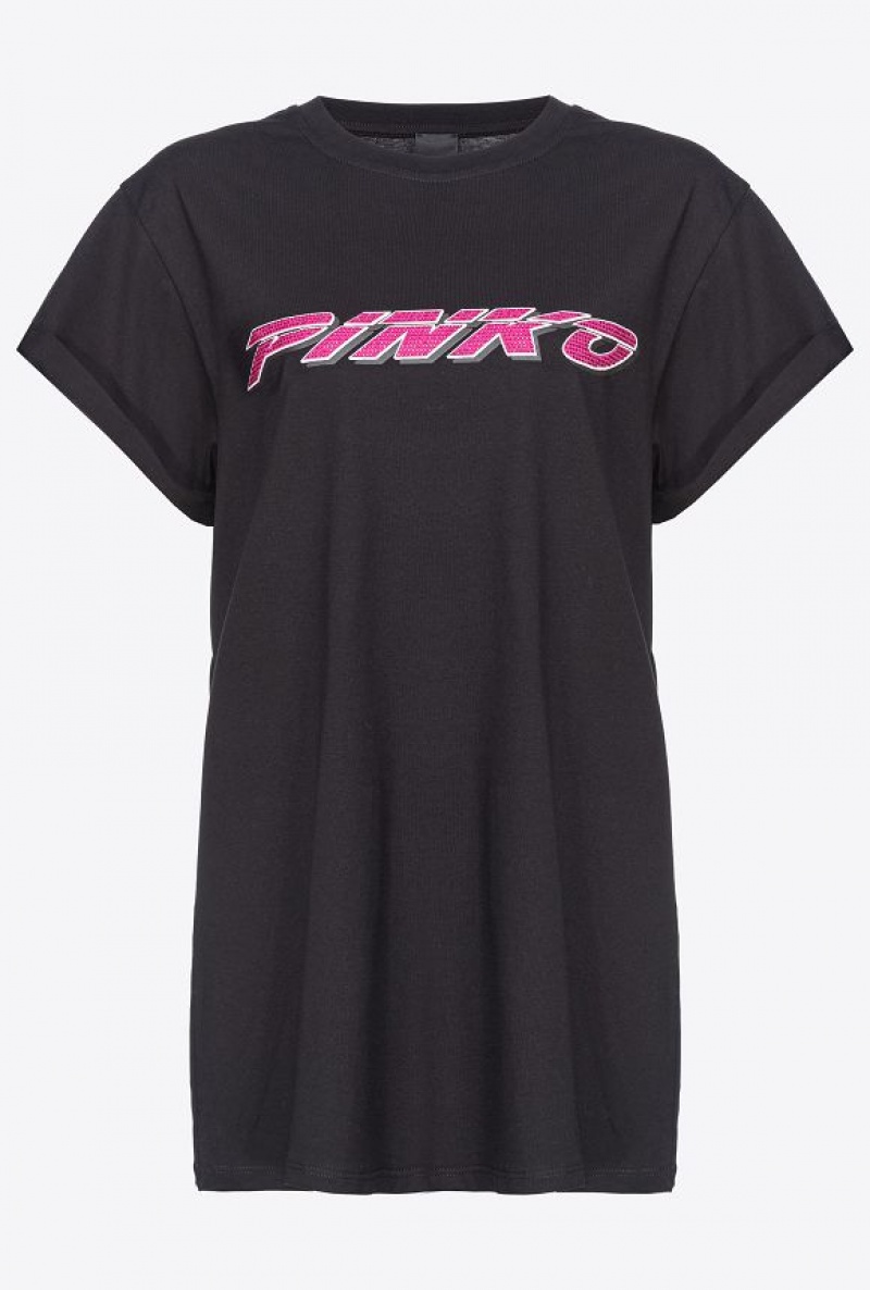 Pinko T-shirt With Rhinestoned Pinko Print BLACK/FUCHSIA | SN-PKO33237