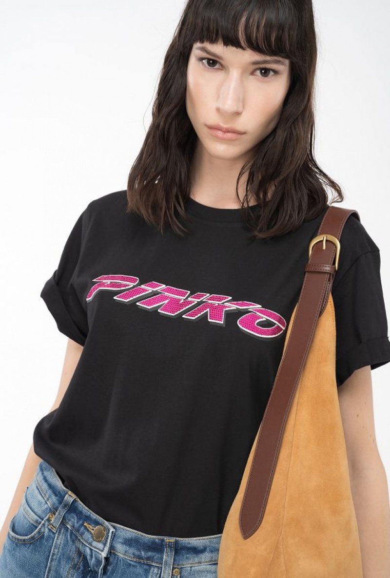 Pinko T-shirt With Rhinestoned Pinko Print BLACK/FUCHSIA | SN-PKO33237