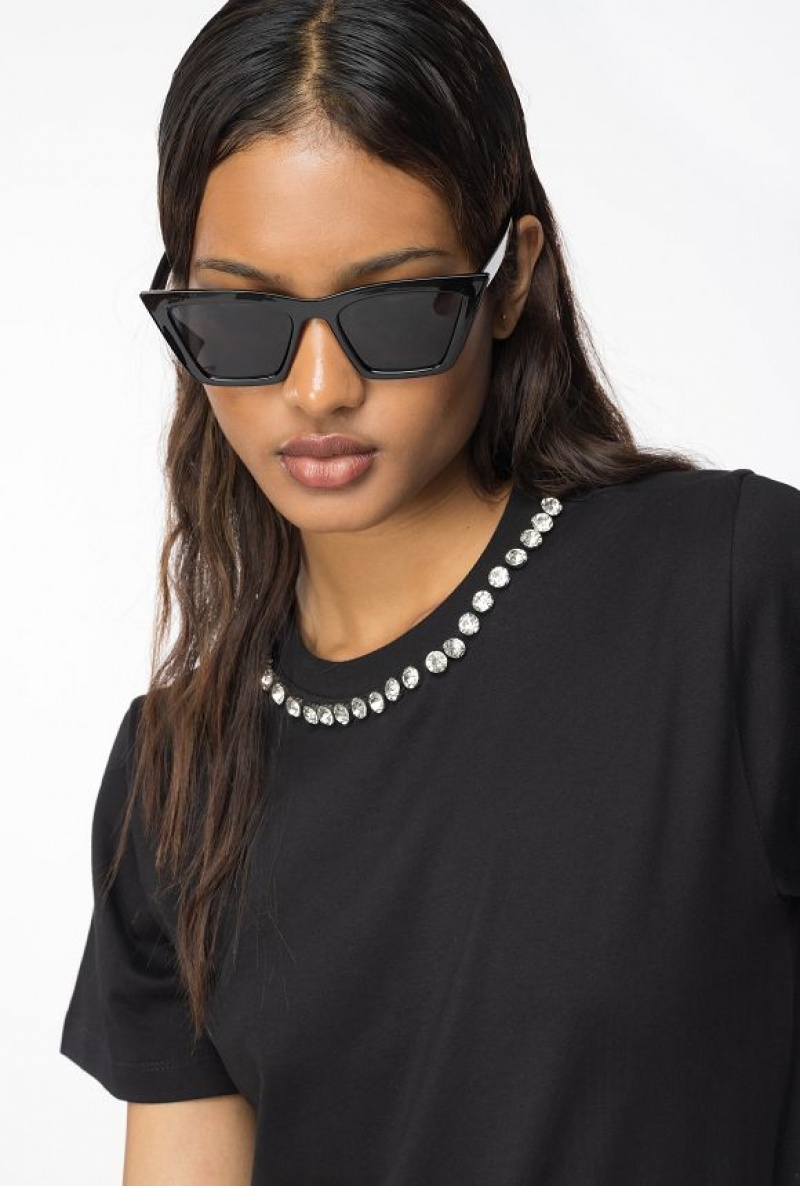 Pinko T-shirt With Shiny Embroidery LIMO BLACK | SN-PKO33362