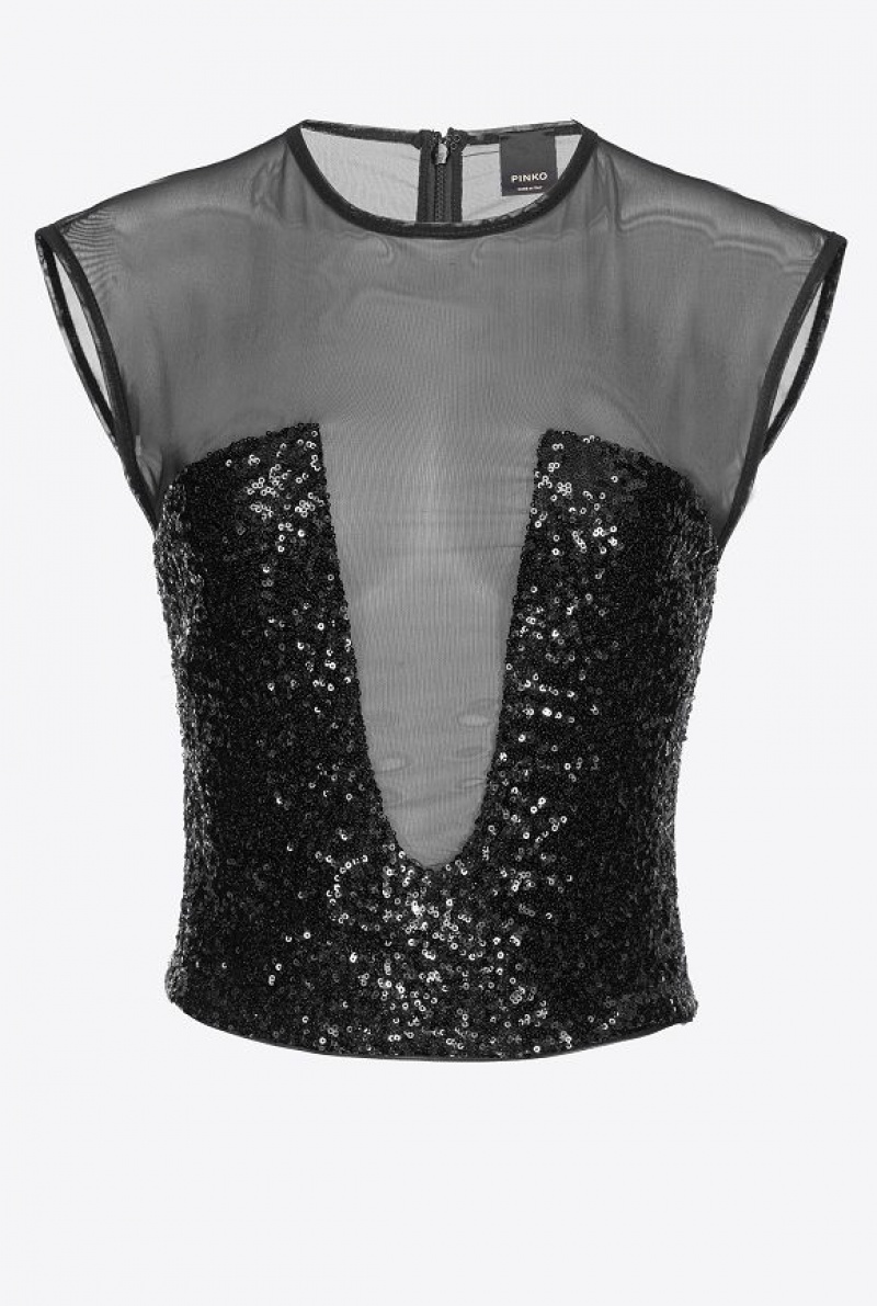 Pinko Tulle Top With Sequin Embroidery LIMO BLACK | SN-PKO33333