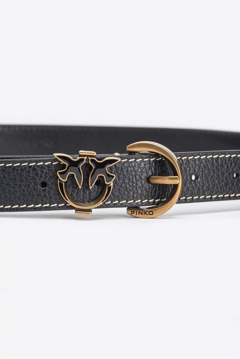 Pinko Tumbled Leather Belt With Love Birds Detail, 2.5 Cm BLACK-ANTIQUE GOLD | SN-PKO34224