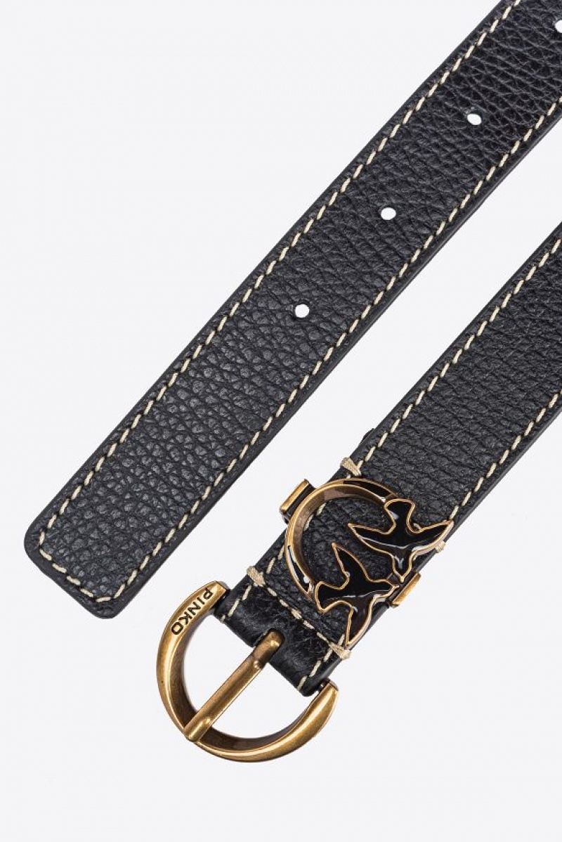 Pinko Tumbled Leather Belt With Love Birds Detail, 2.5 Cm BLACK-ANTIQUE GOLD | SN-PKO34224