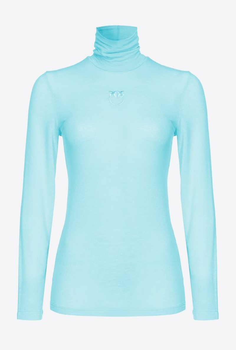 Pinko Turtleneck With Love Birds Embroidery TURQUOISE BLUE | SN-PKO33337