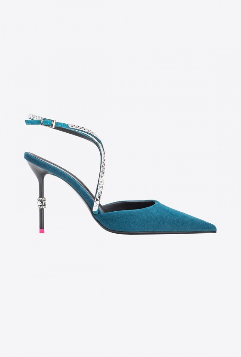 Pinko Velvet Slingbacks With Rhinestones PETROL BLUE-PACIFIC BLUE | SN-PKO34158