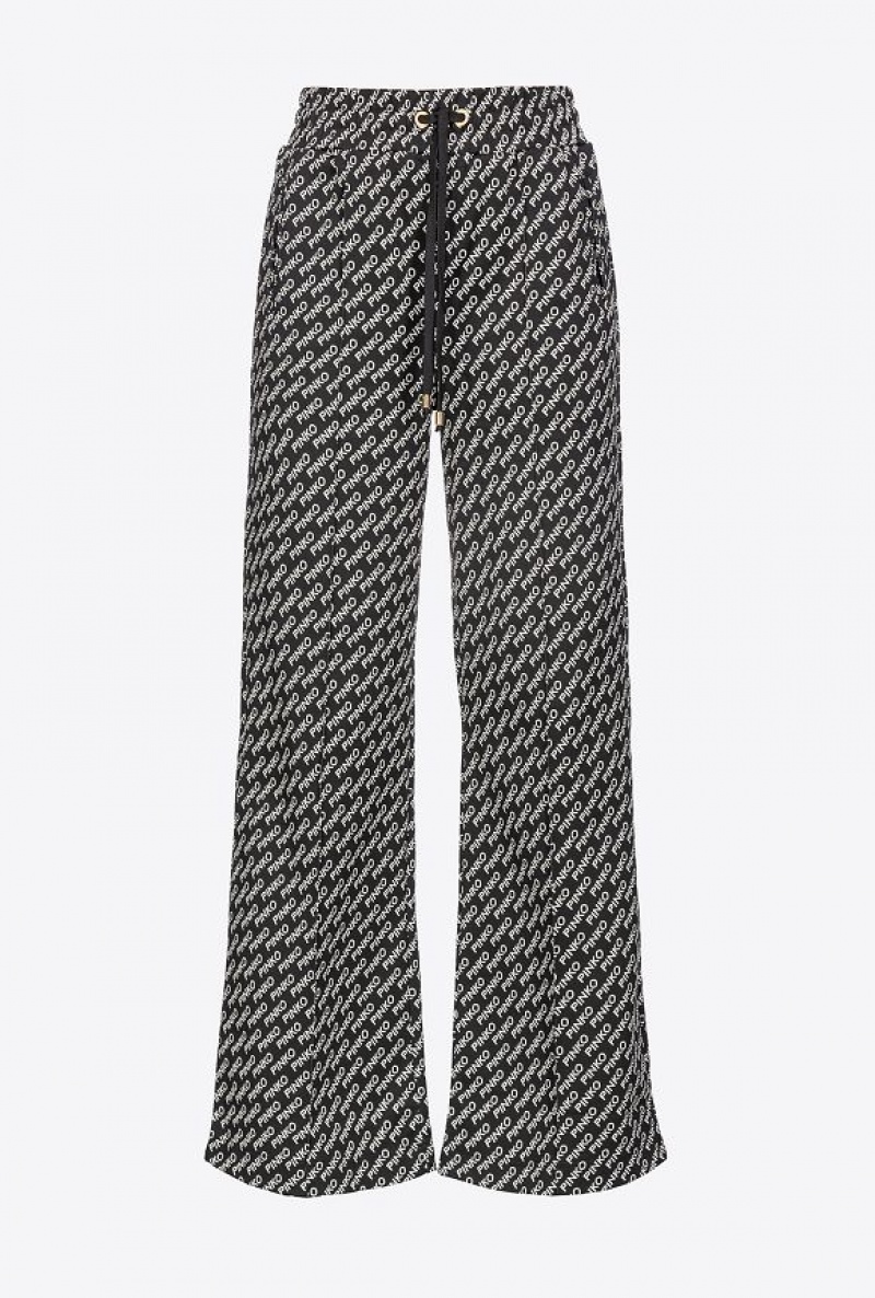 Pinko Wide-leg Logo Jacquard Trousers BLACK/IVORY | SN-PKO33818