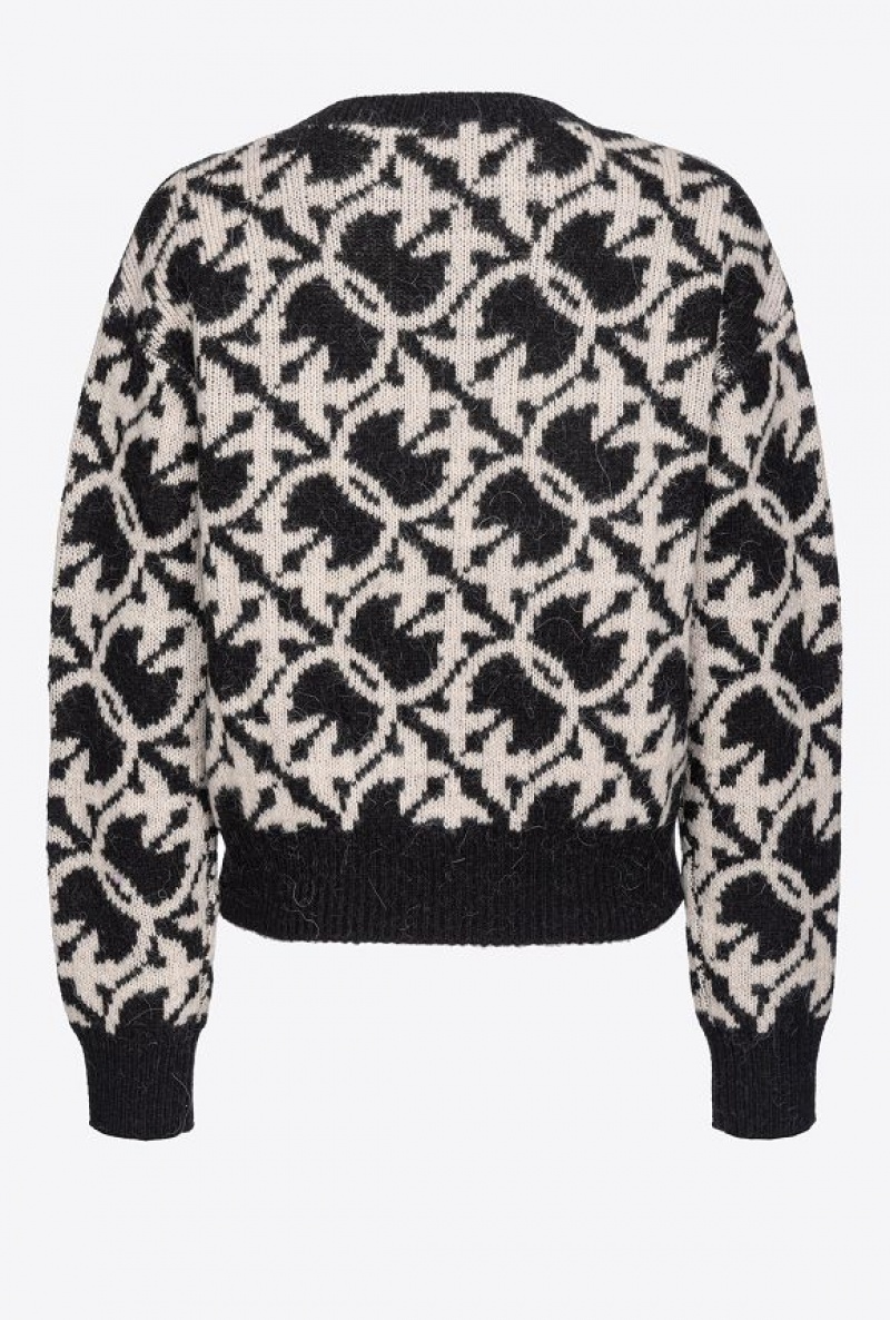 Pinko Wool And Alpaca Love Birds V-neck Sweater BLACK/IVORY | SN-PKO33442