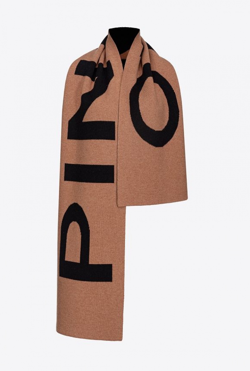 Pinko Wool And Cashmere Scarf With Large Logo CAMEL/BLACK | SN-PKO34382