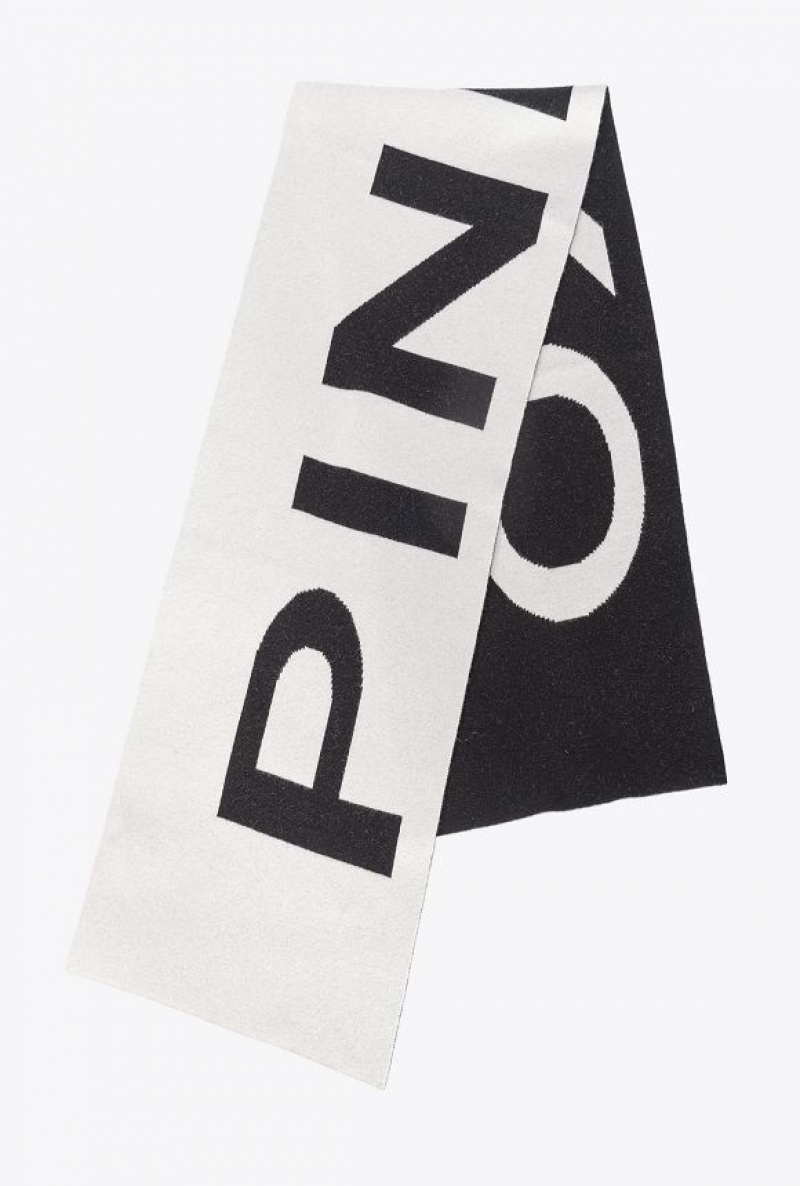 Pinko Wool And Cashmere Scarf With Large Logo WHITE/BLACK | SN-PKO34390