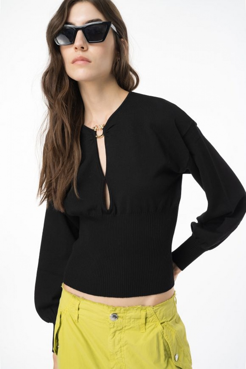 Pinko Wool Sweater With Love Birds Buckle LIMO BLACK | SN-PKO33558