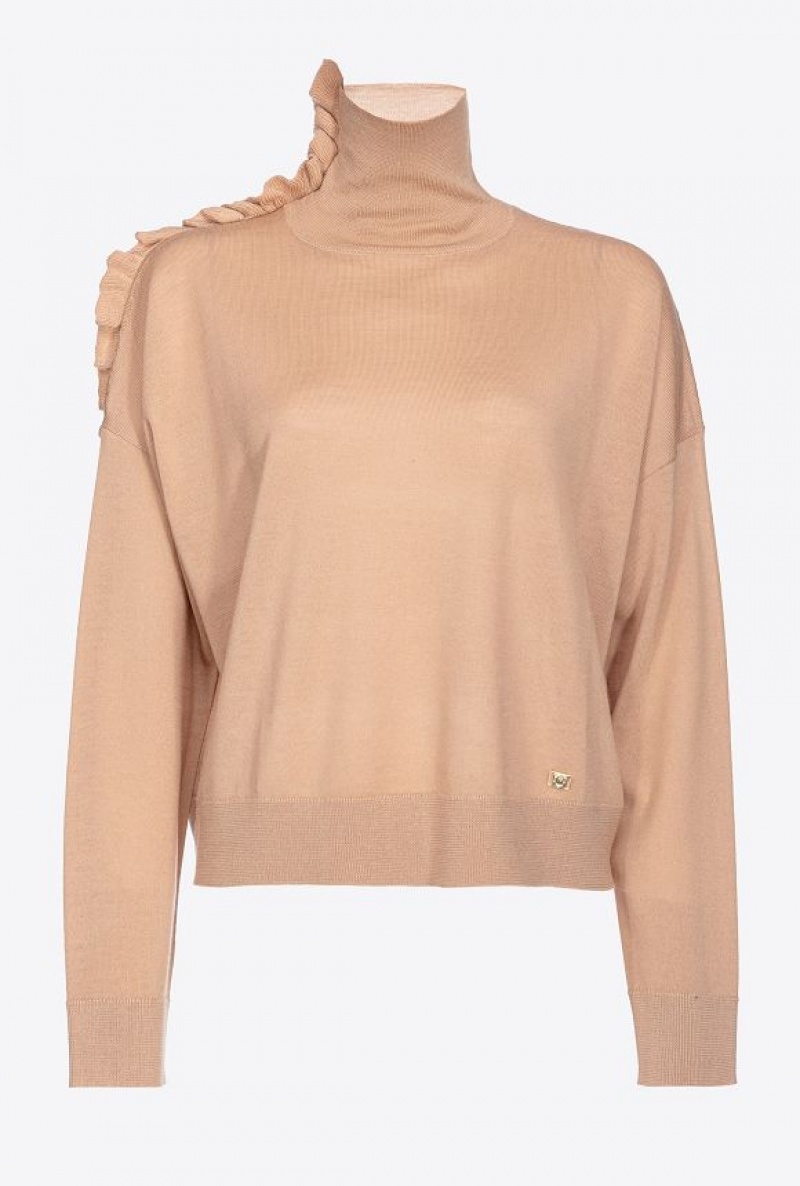 Pinko Wool Turtleneck With Ruching TANNIN BEIGE | SN-PKO33453