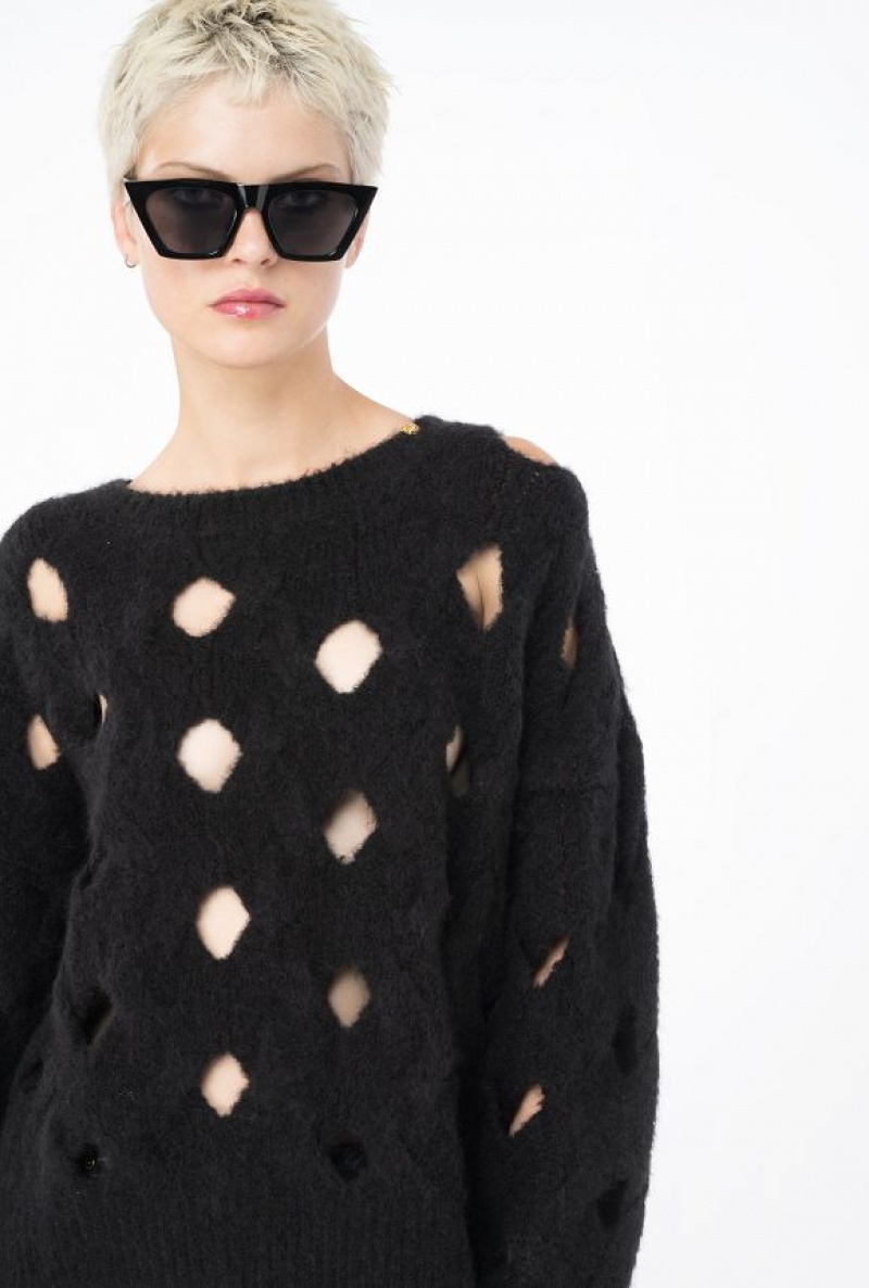 Pinko Wool-blend Sweater With Openwork LIMO BLACK | SN-PKO33510