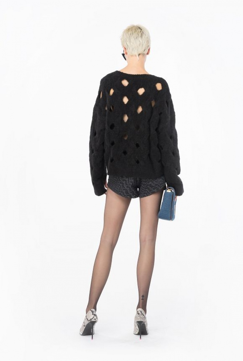 Pinko Wool-blend Sweater With Openwork LIMO BLACK | SN-PKO33510