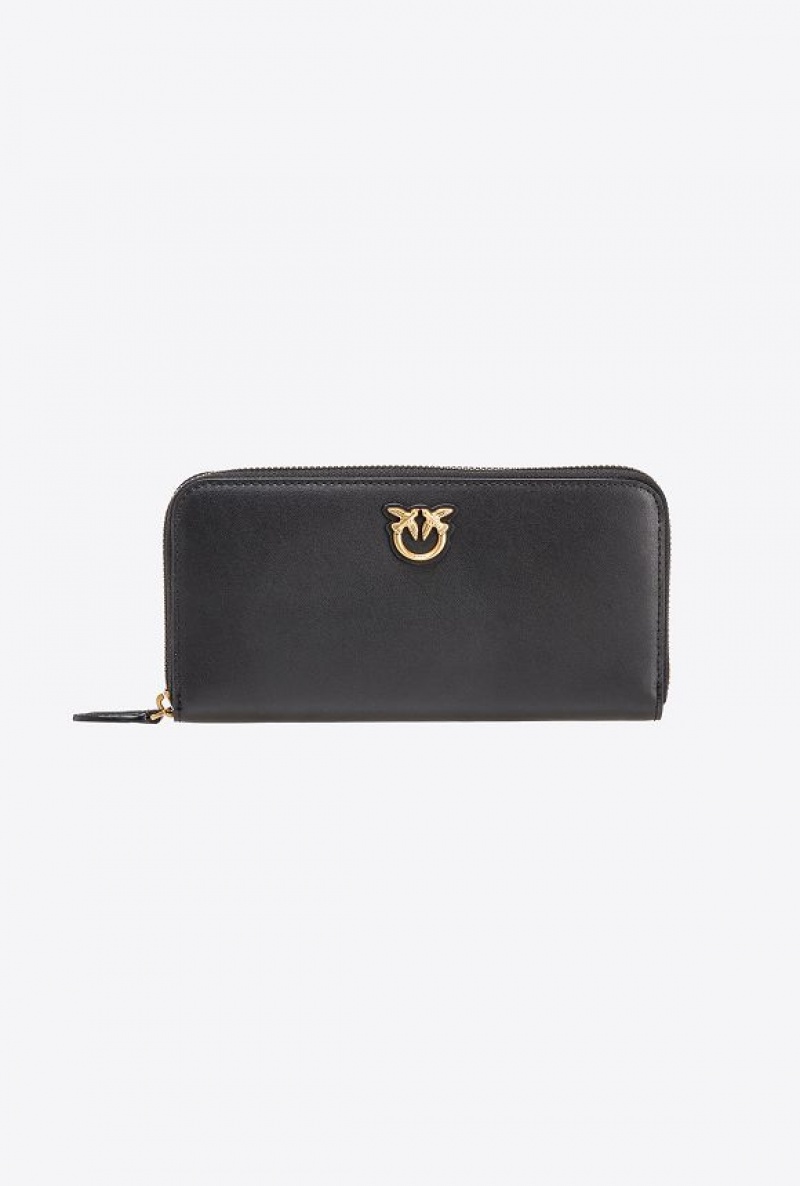 Pinko Zip-around Leather Purse BLACK-ANTIQUE GOLD | SN-PKO34327