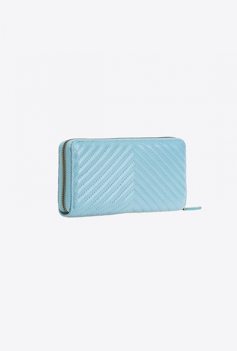 Pinko Zip-around Wallet In Chevron-patterned Nappa Leather SEA BLUE-ANTIQUE GOLD | SN-PKO34283