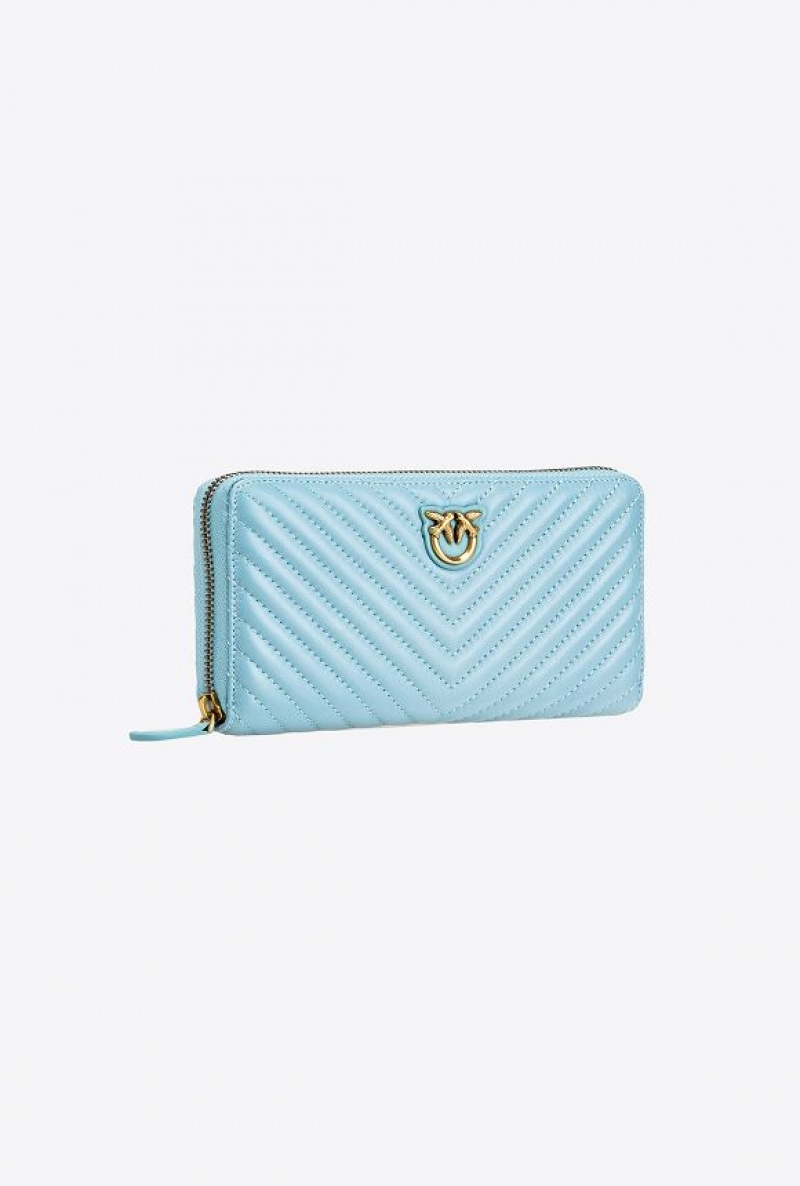 Pinko Zip-around Wallet In Chevron-patterned Nappa Leather SEA BLUE-ANTIQUE GOLD | SN-PKO34283