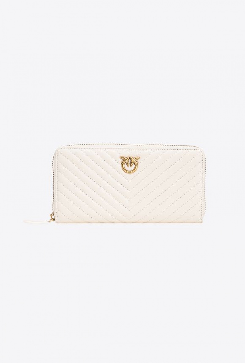 Pinko Zip-around Wallet In Chevron-patterned Nappa Leather WHITE+WHITE-ANTIQUE GOLD | SN-PKO34284