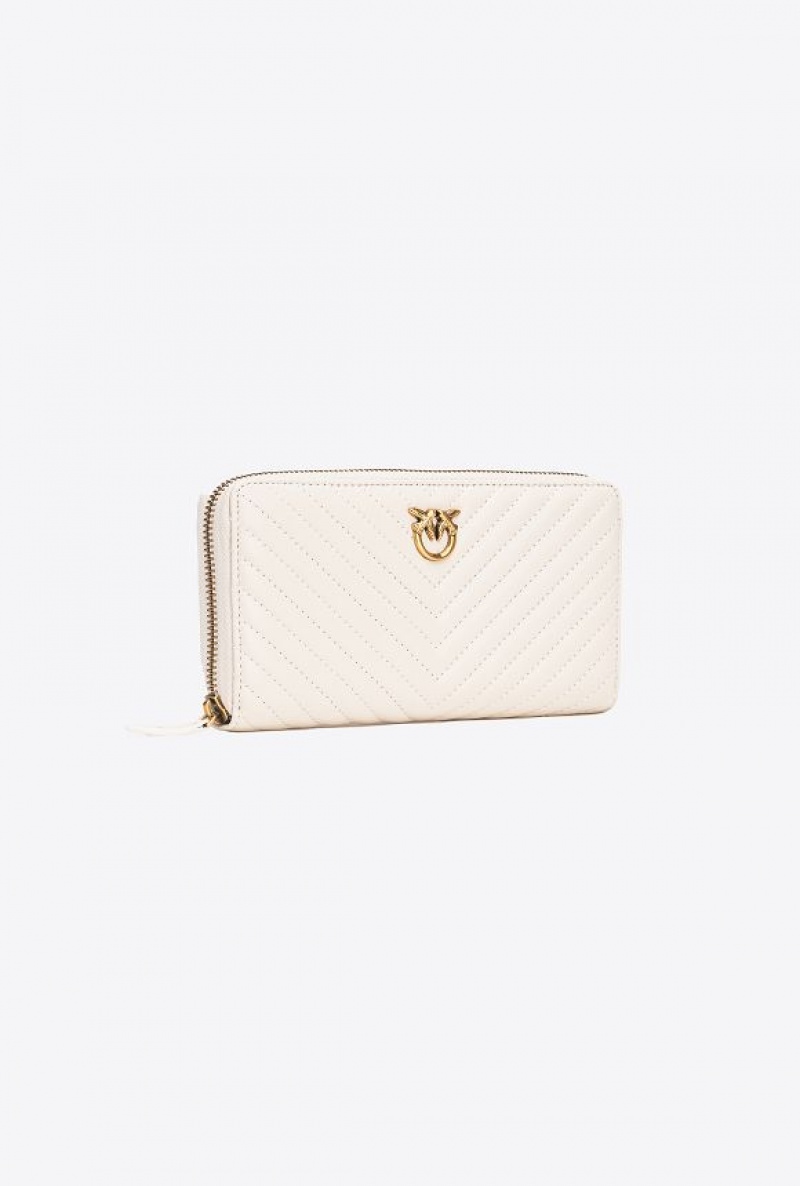 Pinko Zip-around Wallet In Chevron-patterned Nappa Leather WHITE+WHITE-ANTIQUE GOLD | SN-PKO34329