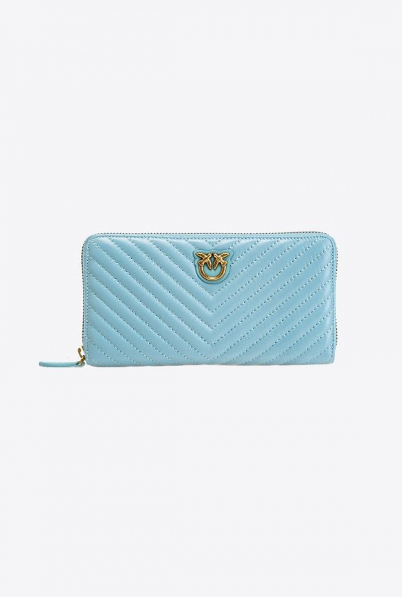 Pinko Zip-around Wallet In Chevron-patterned Nappa Leather SEA BLUE-ANTIQUE GOLD | SN-PKO34330