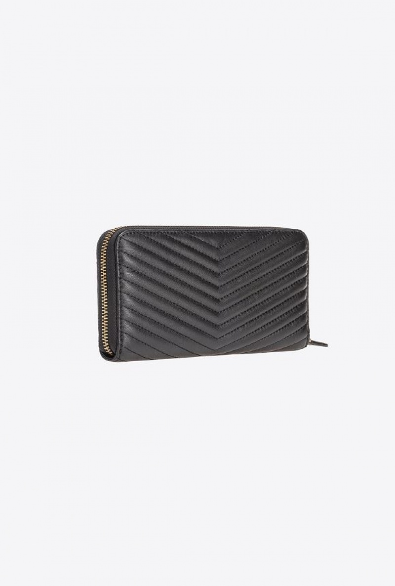 Pinko Zip-around Wallet In Chevron-patterned Nappa Leather BLACK-ANTIQUE GOLD | SN-PKO34331